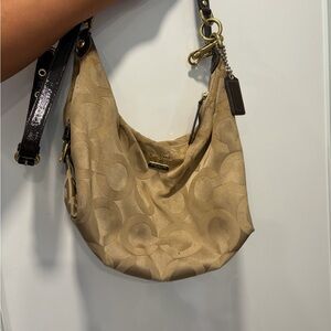 Coach Tan Signature Hobo Bag with Dark Brown Strap